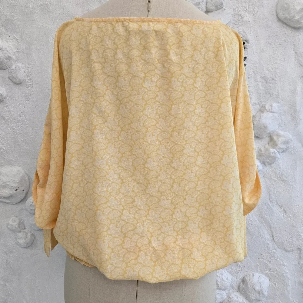 Michael Kors Yellow Paisley Blouson Top Boat Neck Grommet Tie Sleeve Blouse